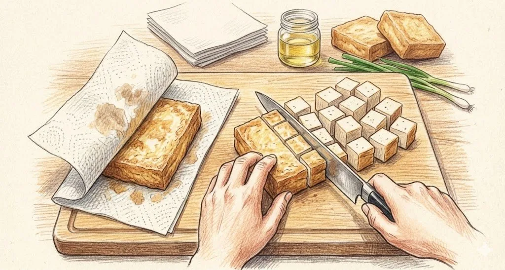 Wiping oil cutting tofu — After