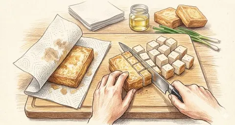 Wiping oil cutting tofu