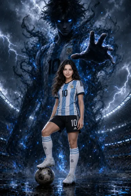 Argentina female footballer shadow warrior fantasy portrait