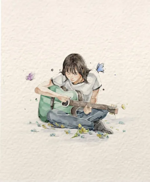 Delicate japanese watercolor storybook illustration