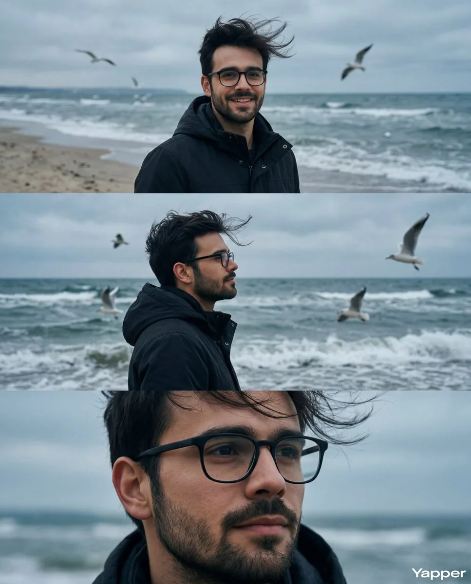 Cinematic triptych portrait in sea wind — Sonra