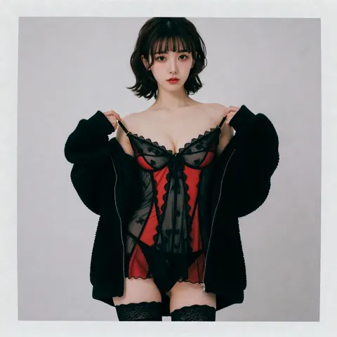 Elegant japanese korean woman black fleece polaroid