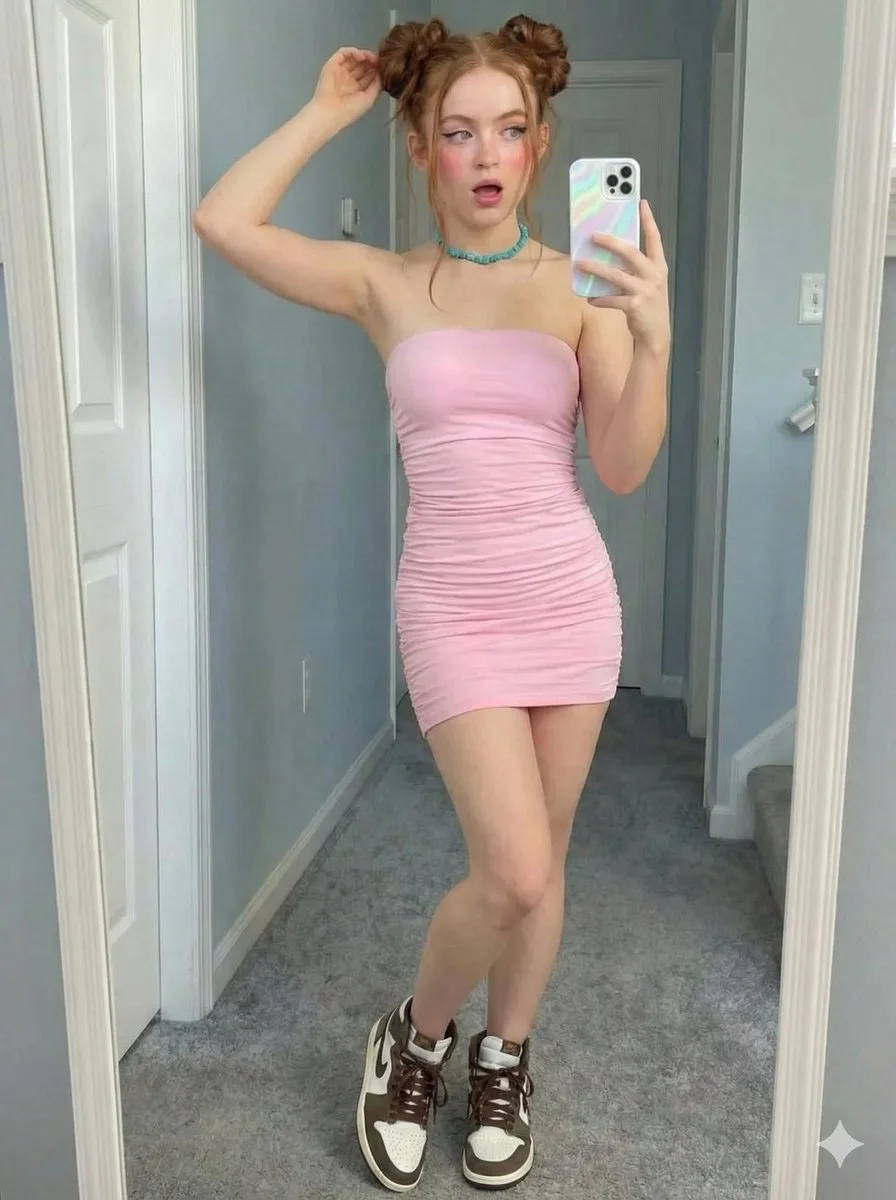 Vibrant red buns pink dress selfie — Sonra