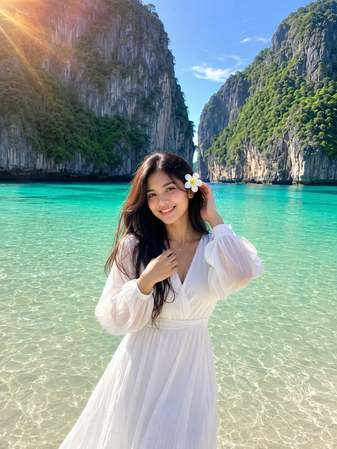 Young woman white dress tropical beach prompt — Sonra