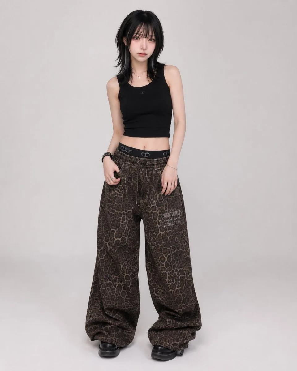 Y2k edgy streetwear leopard pants outfit — After
