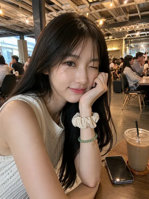 Ultra realistic japanese woman cafe smartphone photo