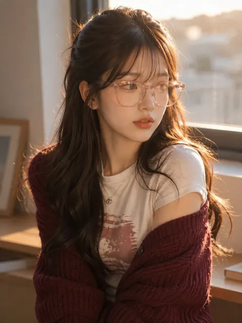 Cinematic golden hour lifestyle portrait pink glasses