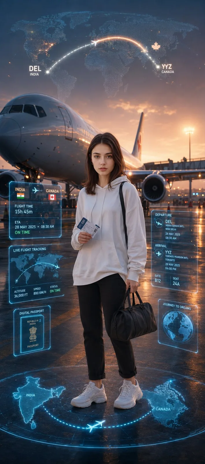 Cinematic travel poster india to canada futuristic ui — After