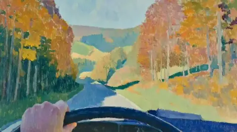 Driving through wooded hills oil painting