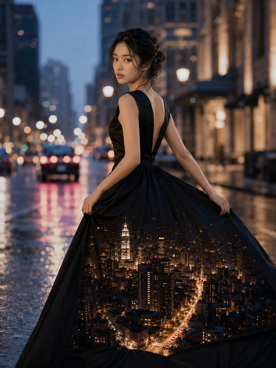 Asian woman black dress miniature city skirt — After