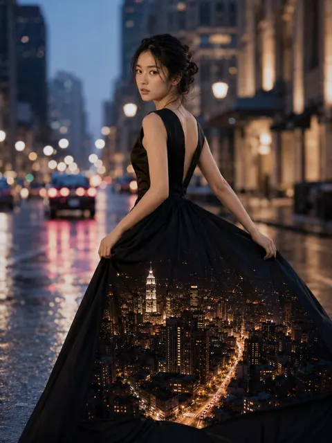 Asian woman black dress miniature city skirt