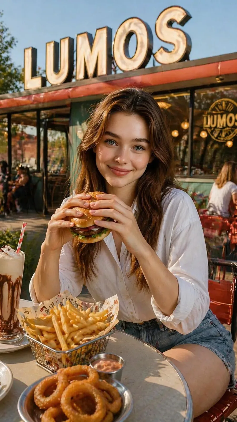 Beautiful woman eating hamburger at lumos restaurant — Sonra