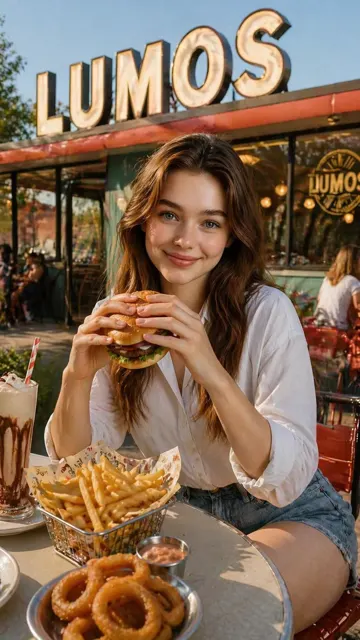 Beautiful woman eating hamburger at lumos restaurant