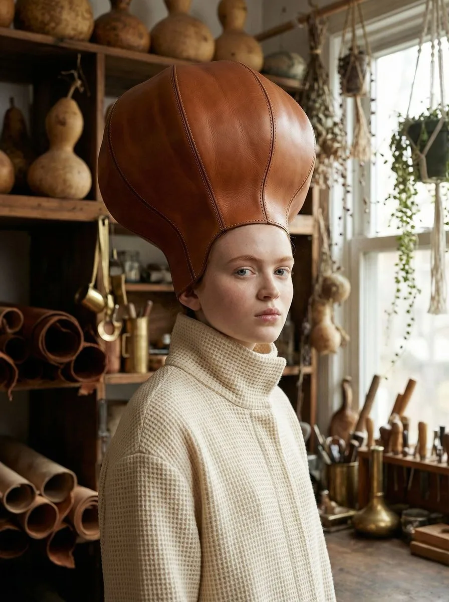 Surreal leather headpiece fashion — After