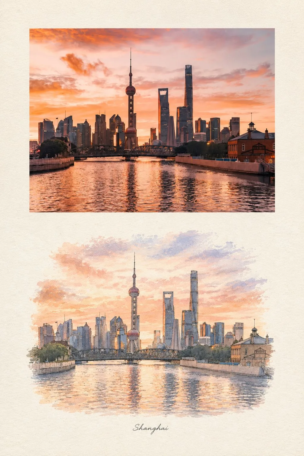 Two section travel journal watercolor cityscape prompt — After