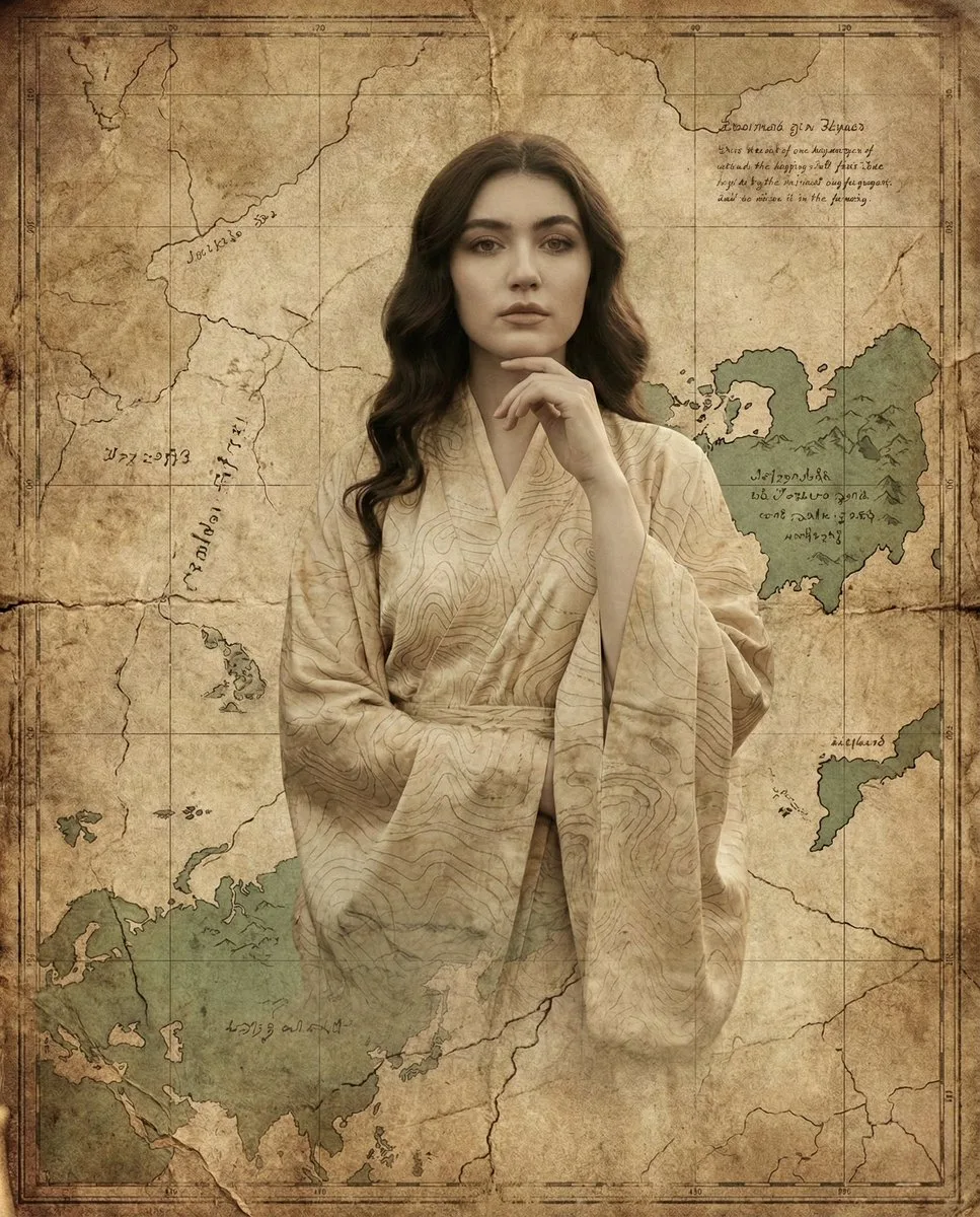 Surreal girl emerging from antique map — After