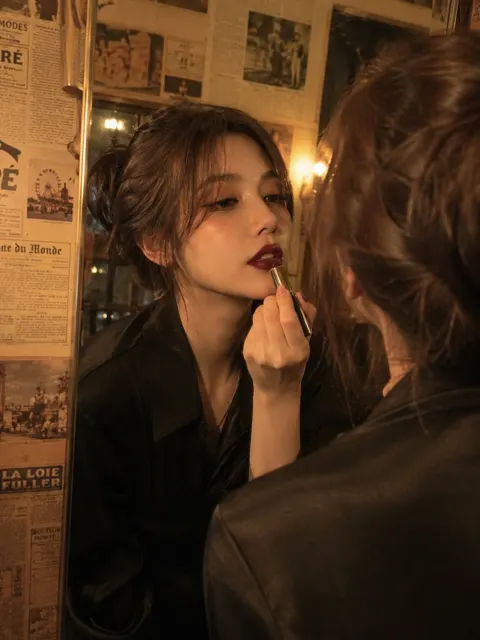 Cinematic vintage beauty portrait burgundy lipstick