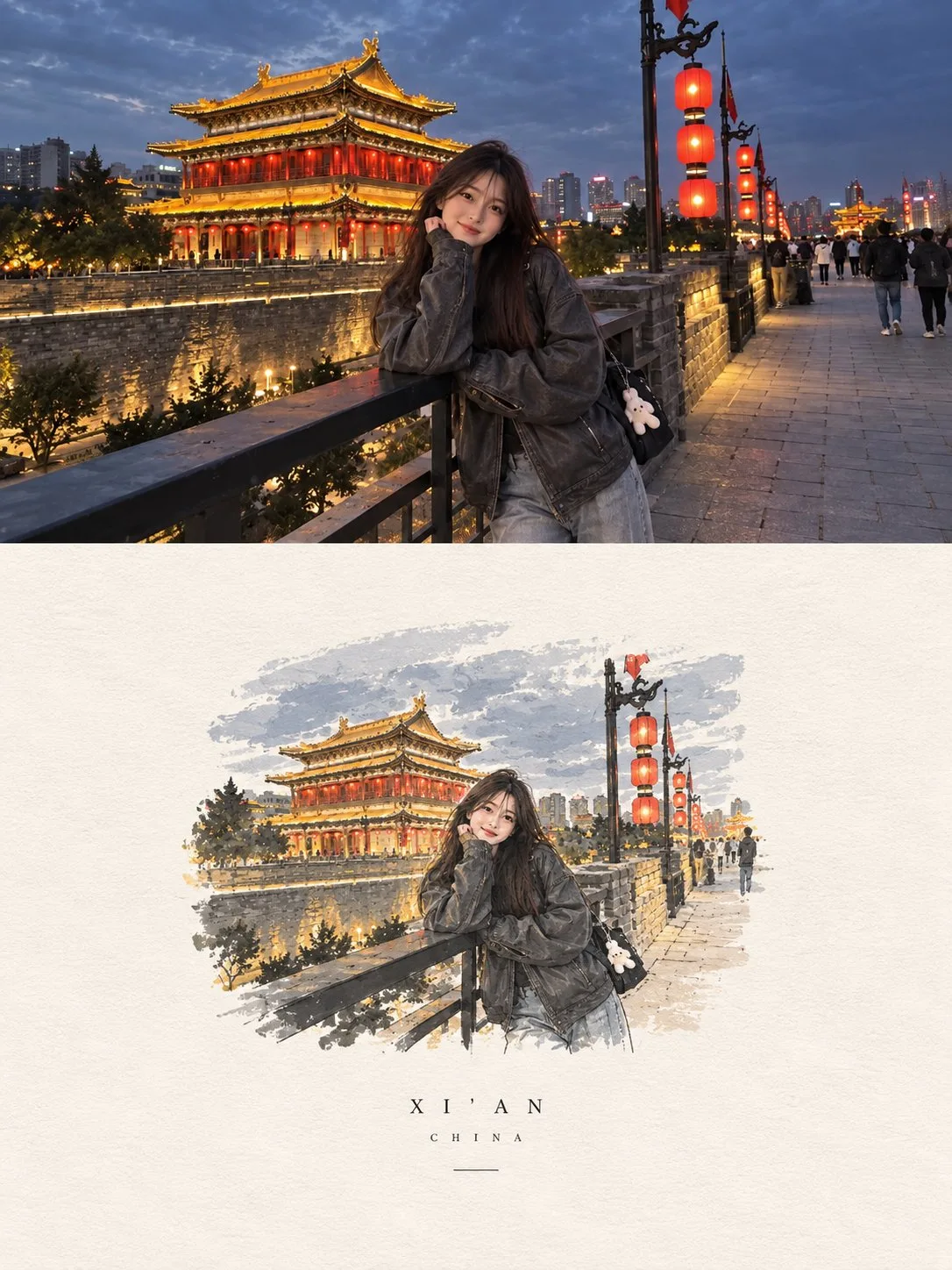 Young east asian woman night travel photo historic city — After