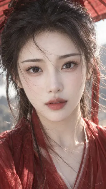 Eastern classical red robed beauty close up
