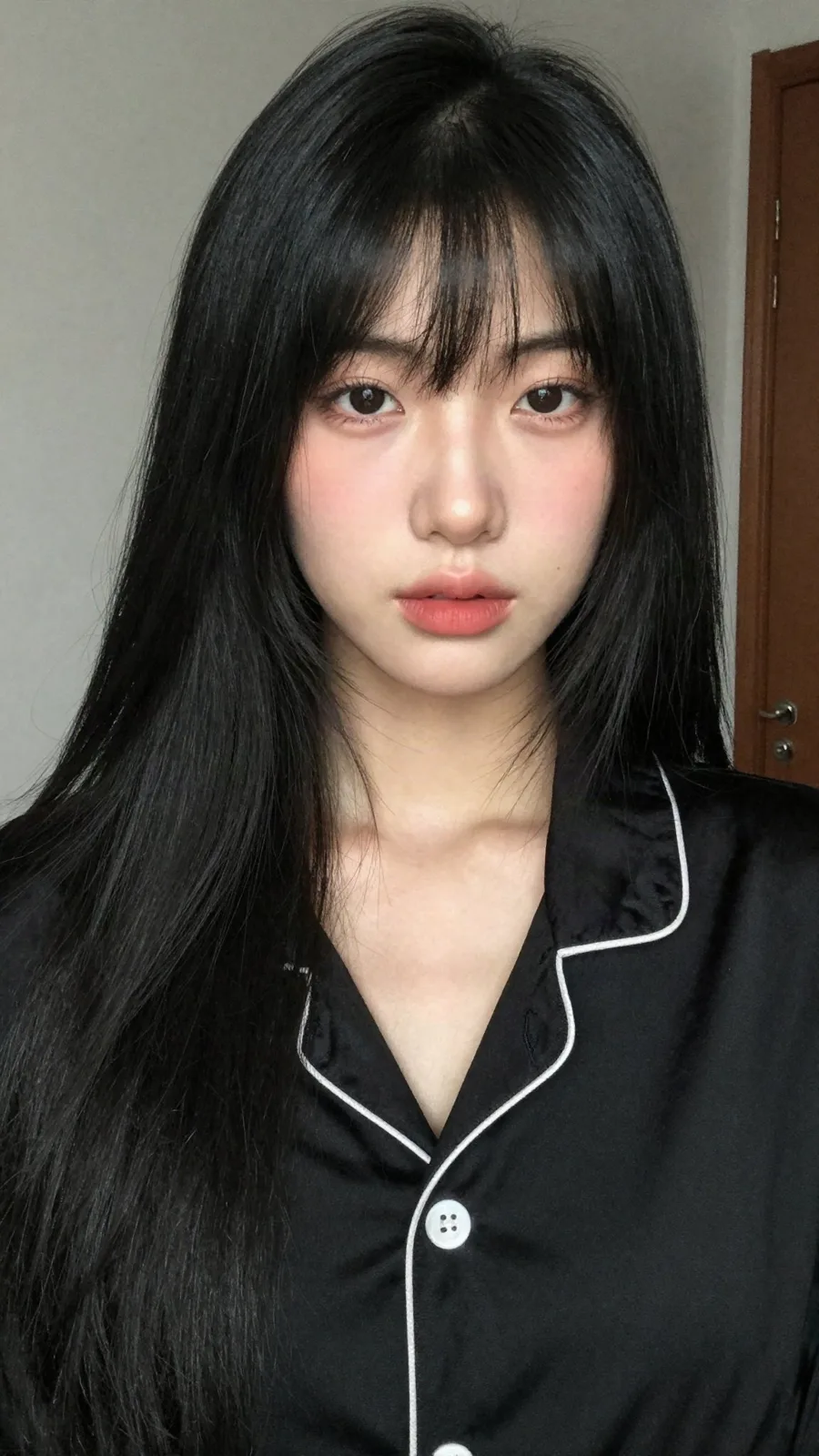 Close up portrait young east asian woman satin pajama — Sonra