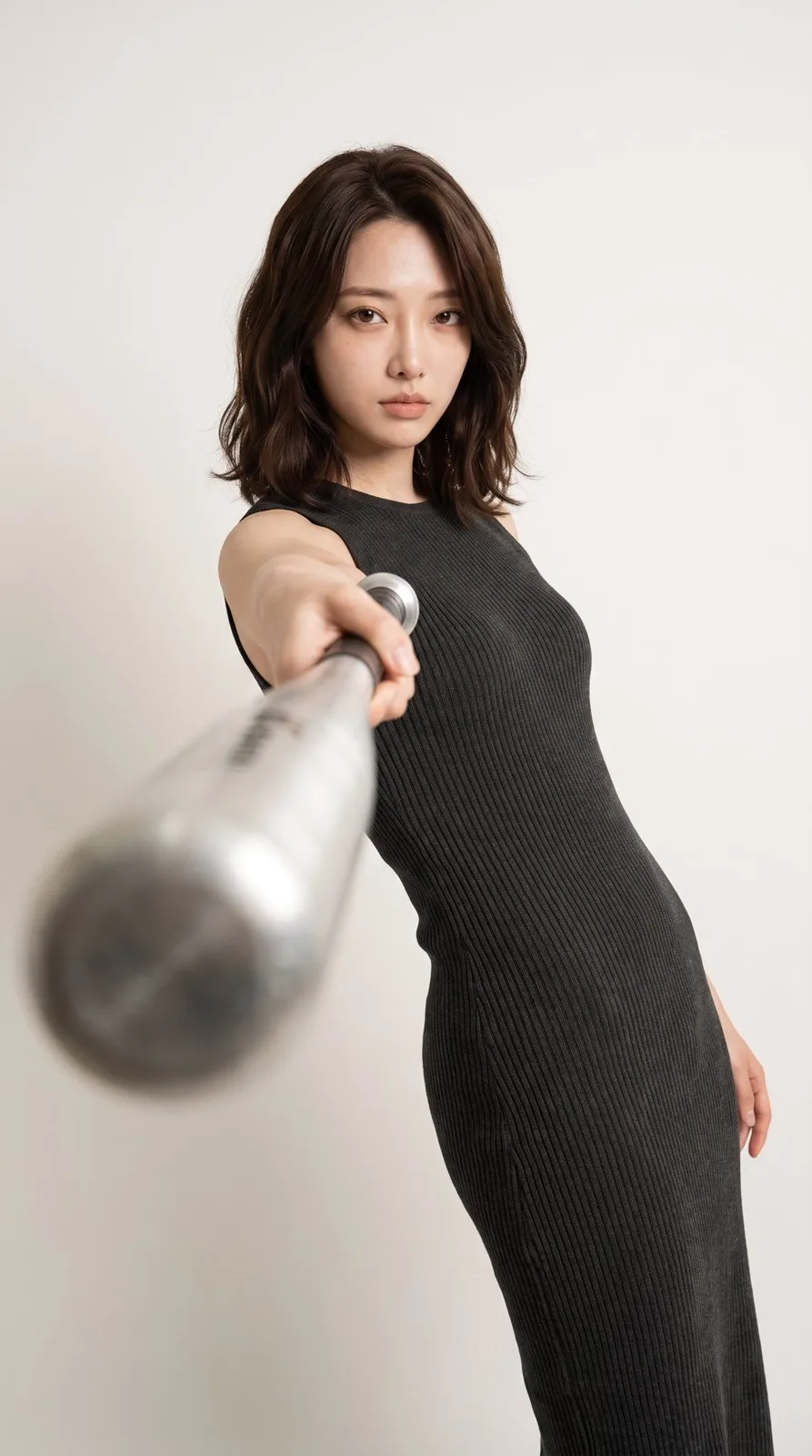 Realistic vertical portrait woman metal bat studio — Sonra
