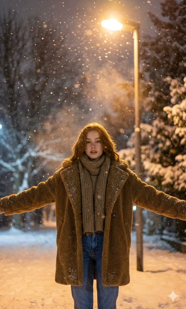 Streetlight snow embrace portrait — After