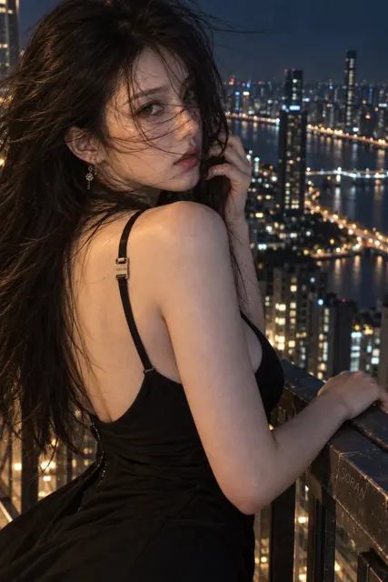 Urban night back view look back realistic portrait