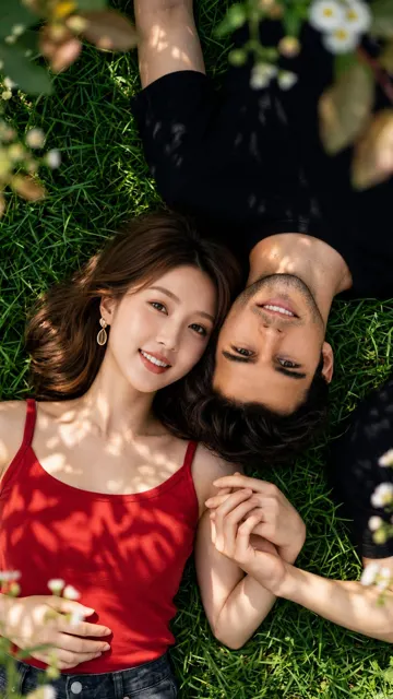 Ultra realistic overhead couple portrait garden grass