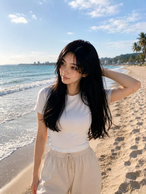 Ultra realistic korean woman beach golden hour