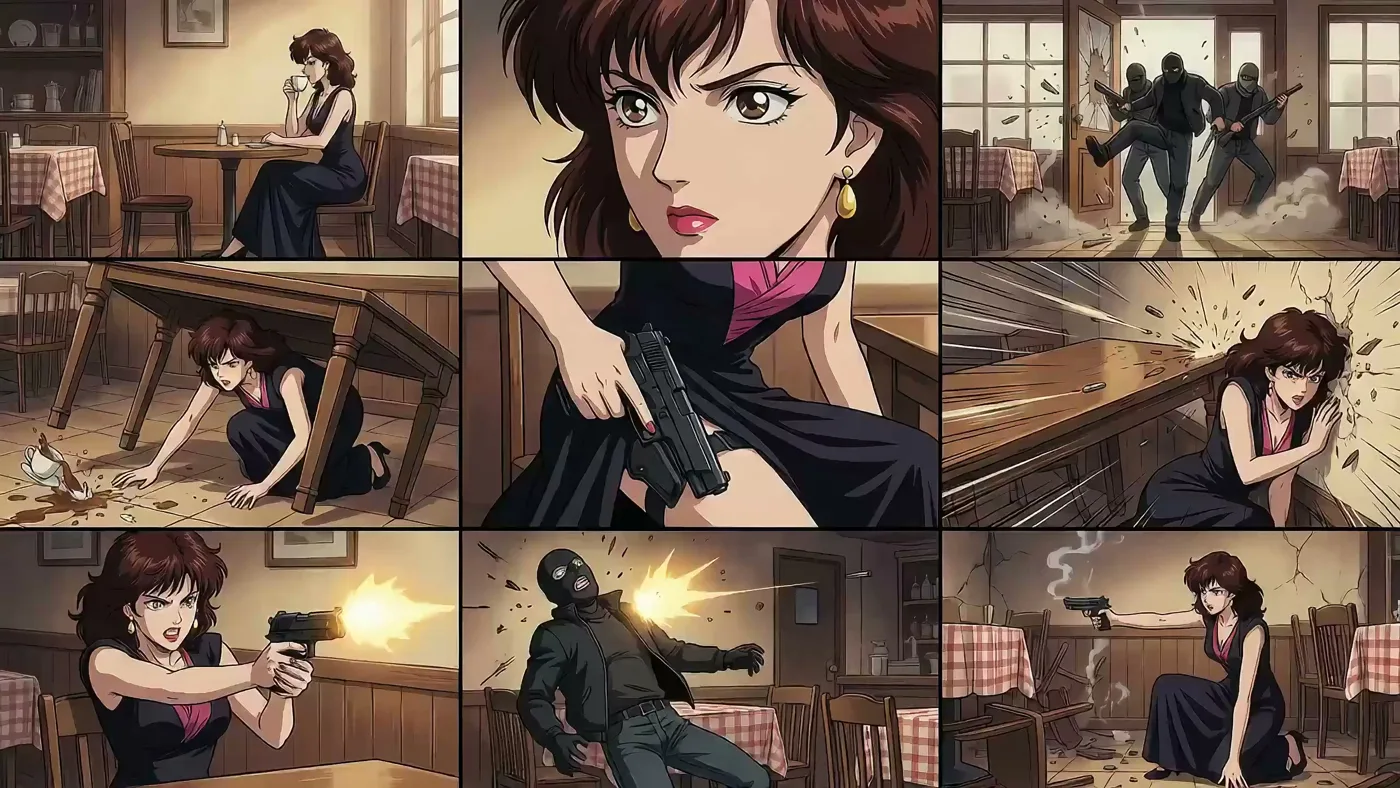90s retro anime cafe battle — Sonra