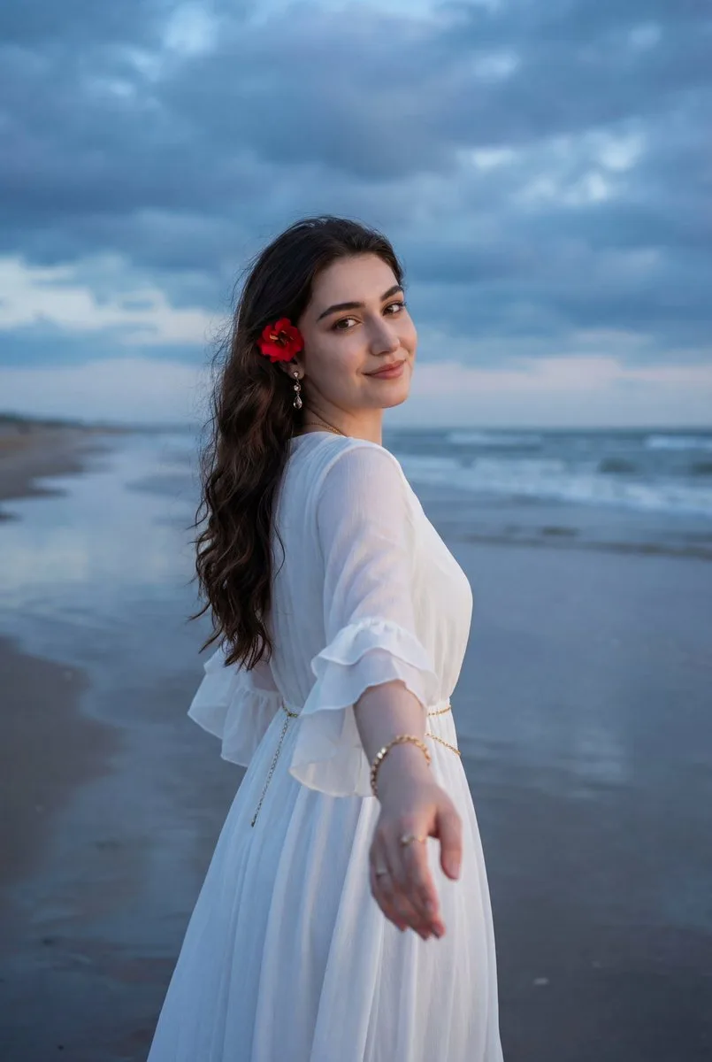 Twilight beach white dress glance — Sonra