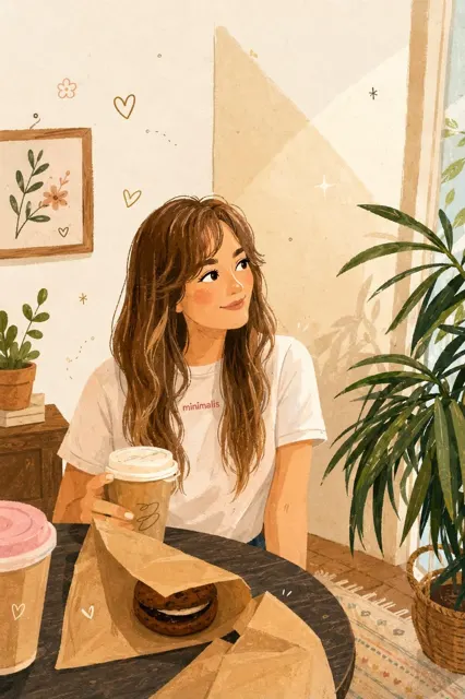 Cozy hand painted storybook illustration cafe