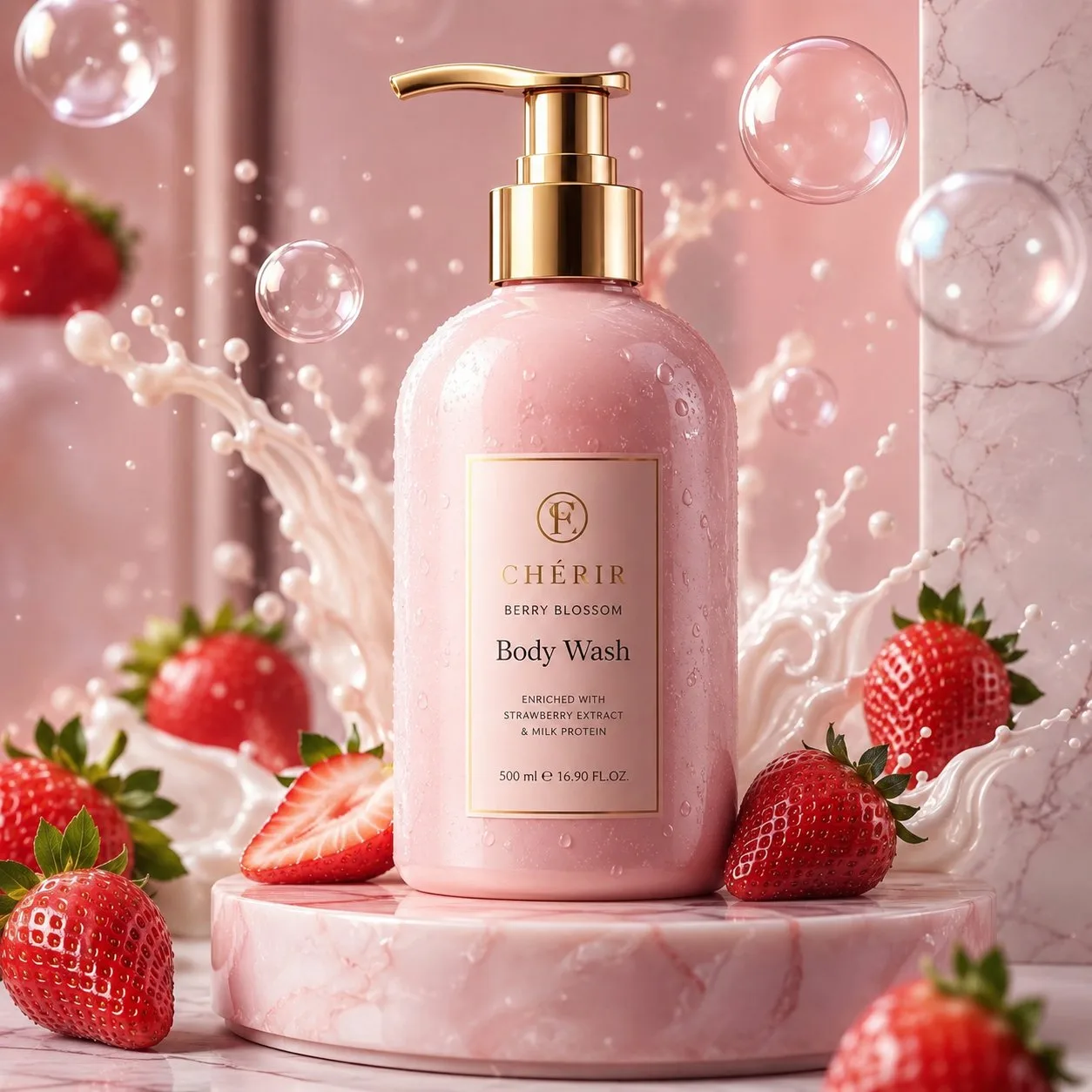 Ultra realistic luxury pink body wash photography — Sonra