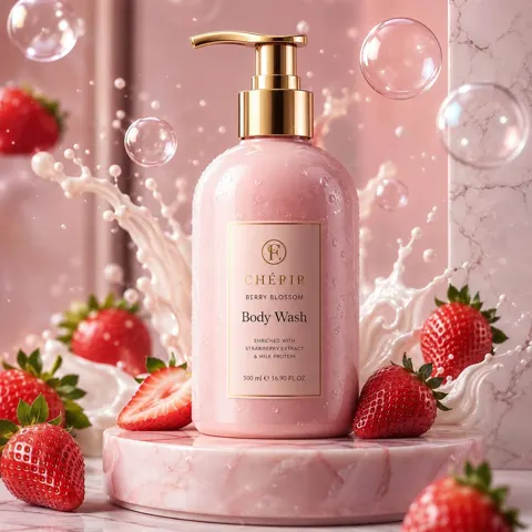 Ultra realistic luxury pink body wash photography