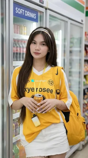 Realistic woman sports jersey grocery store photo