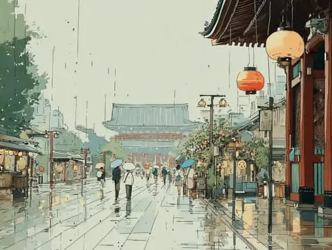 Serene rainy day traditional japanese town