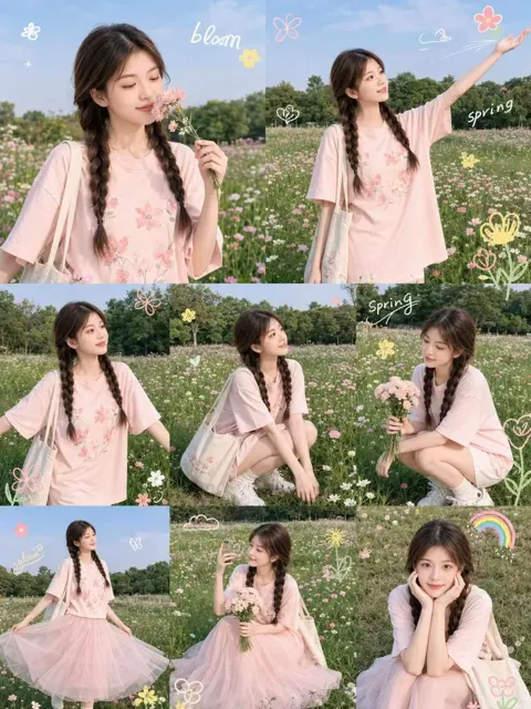 Korean japanese spring flower field girl collage poster