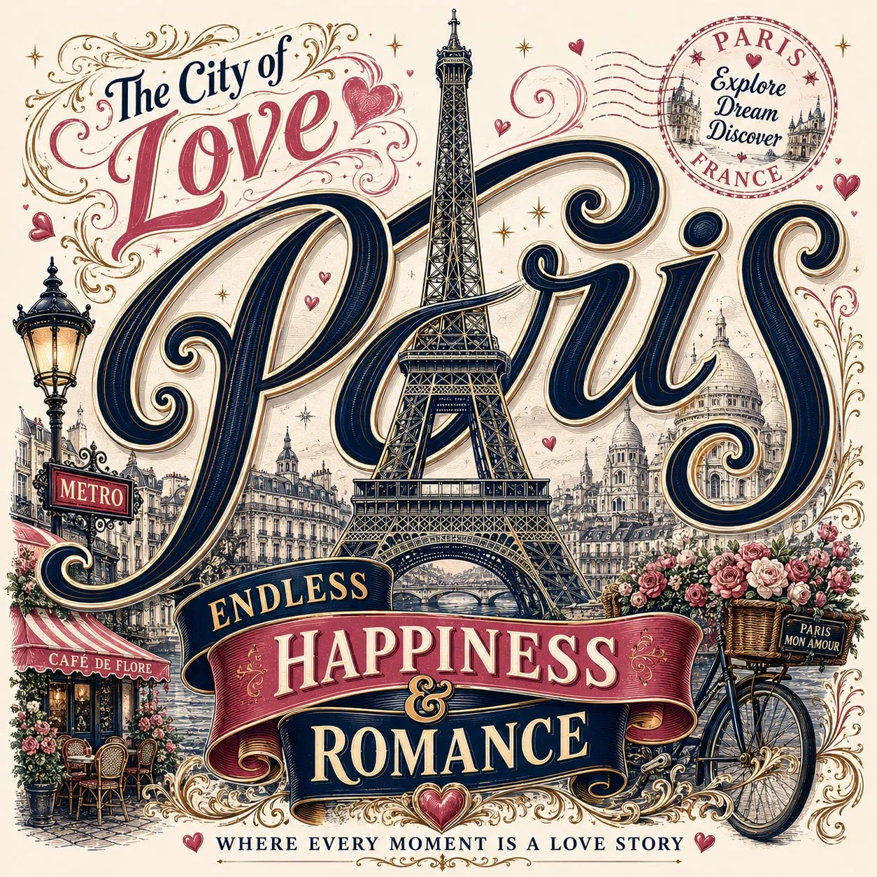 Vintage romantic paris travel typography poster — Sonra