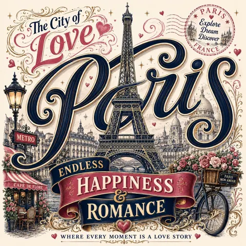 Vintage romantic paris travel typography poster