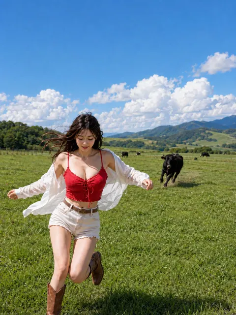 Woman running on pasture chased by black cow