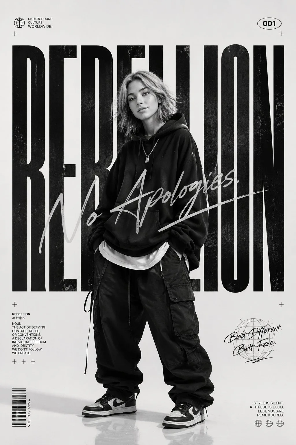 Monochrome streetwear editorial poster — Sonra