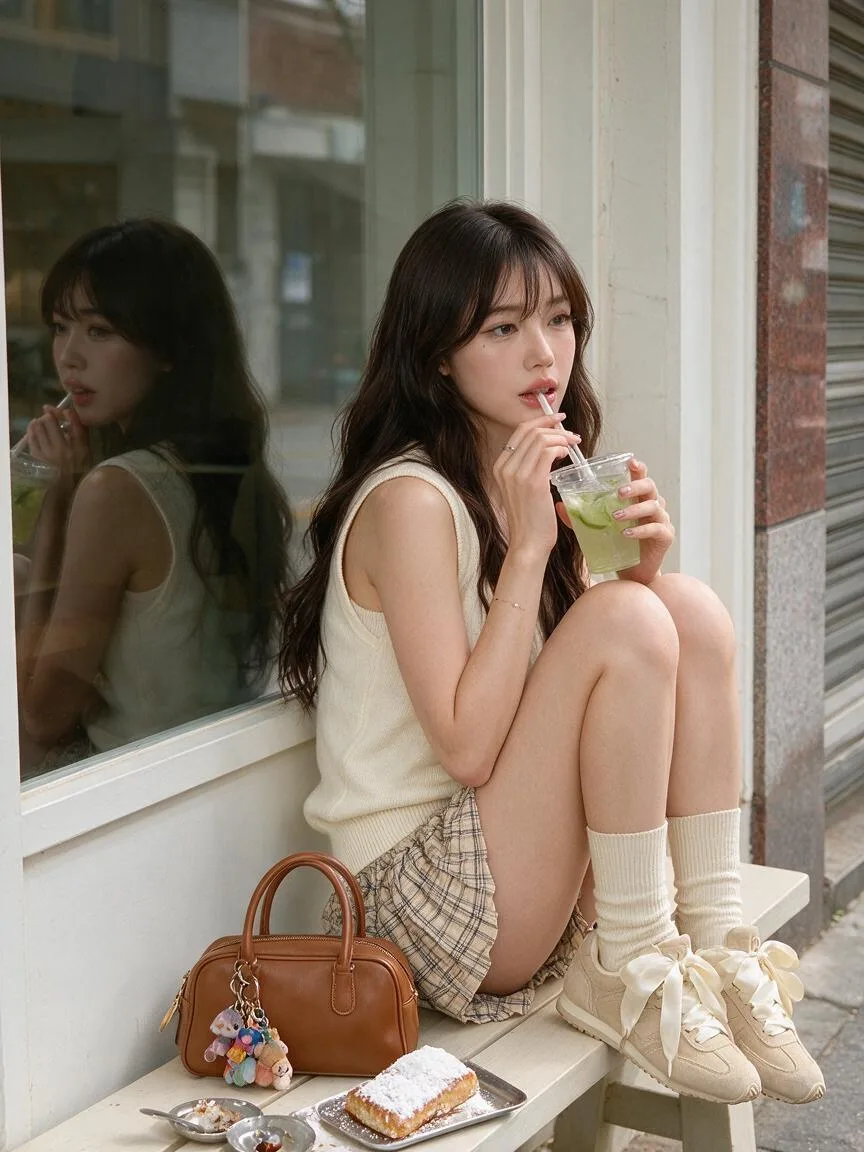 Ultra realistic korean street fashion cafe shot — After