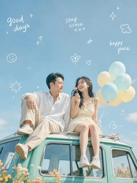 Youthful picture beside vintage van in flower field