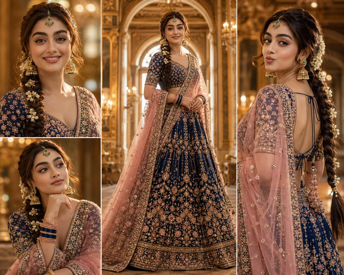 Ultra realistic south asian woman royal bridal lehenga portrait — Sonra