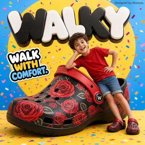 Vibrant children shoe ad poster rose clog