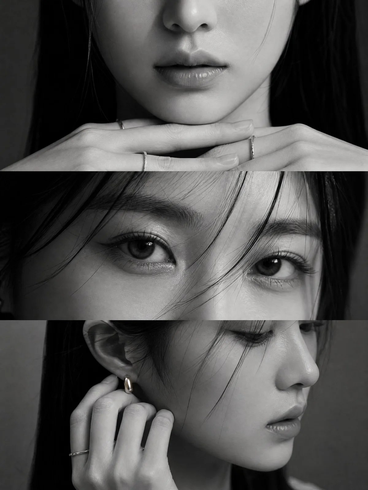 Elegant black and white korean woman editorial three panels — Sonra