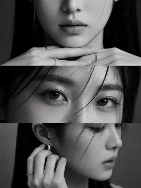 Elegant black and white korean woman editorial three panels