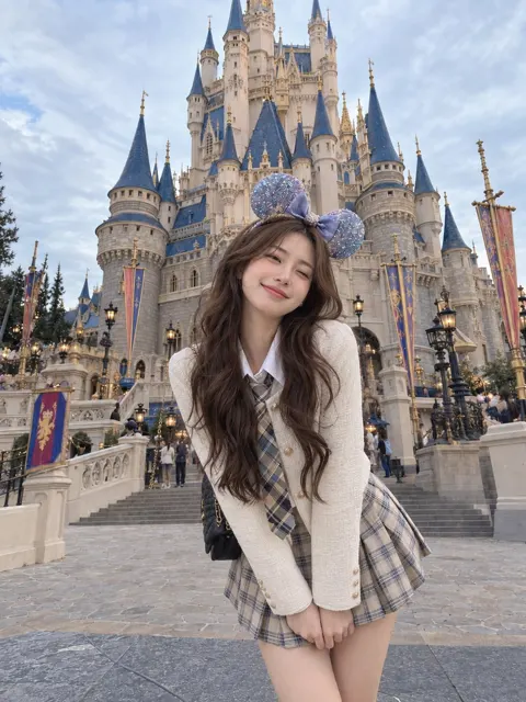 East asian woman fairytale castle travel photo