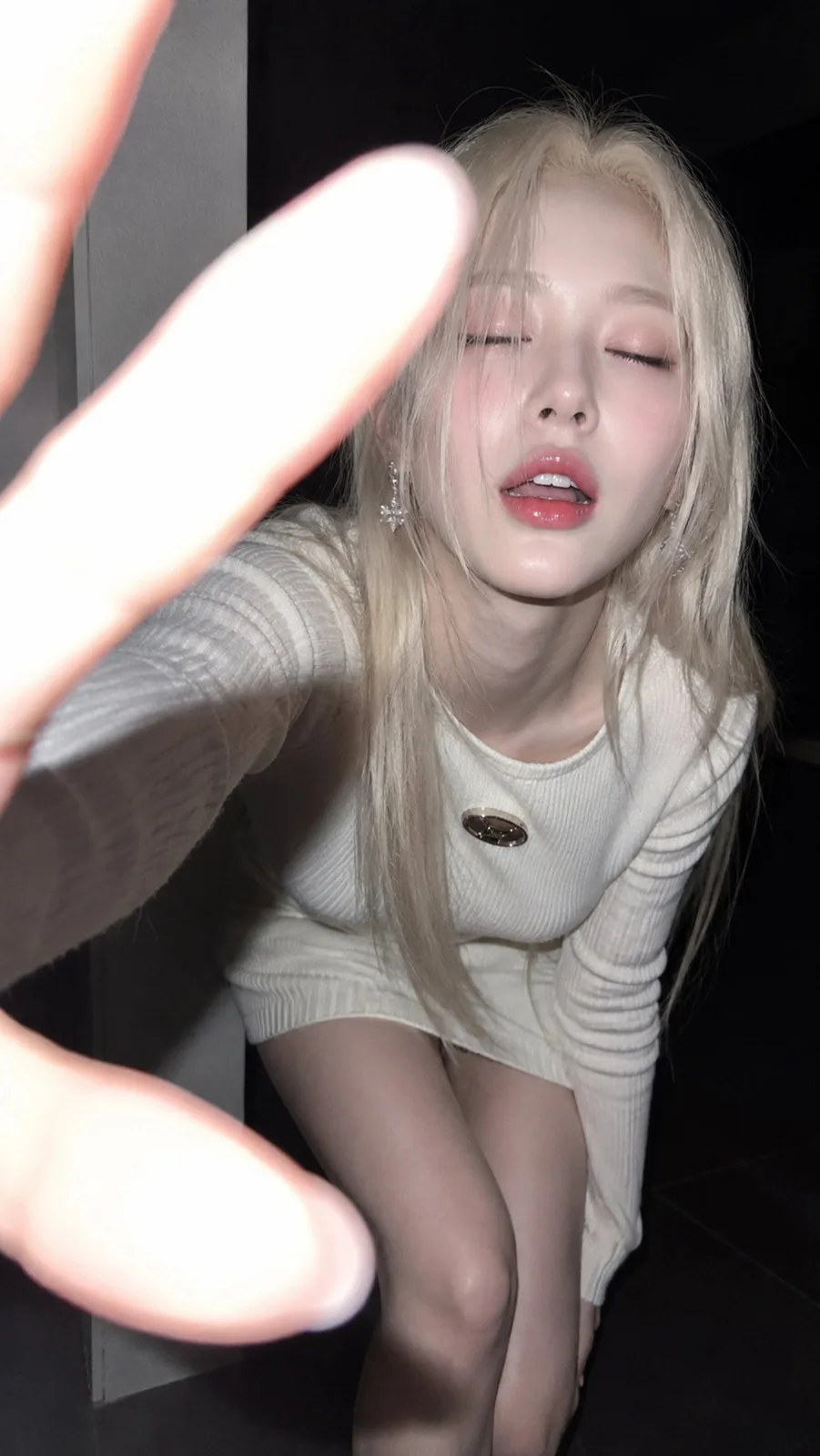 Indoor flash portrait blonde woman knit dress — After