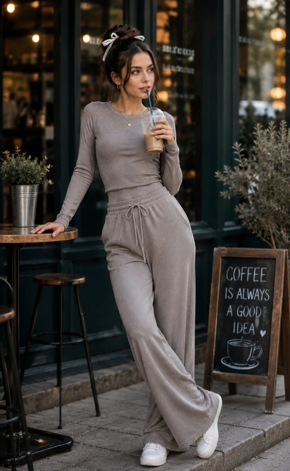 Stylish monochromatic outfit urban cafe portrait — Sonra